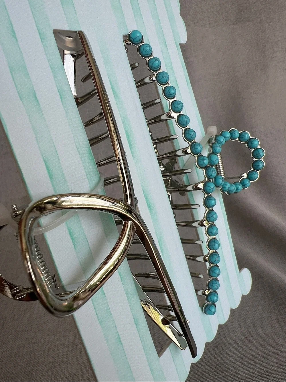 Sunday State Large Metal Claw Jaw hair clip Silver Turquoise Beads Encrusted 2